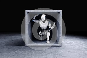 A robot trapped in a concrete box. Artificial intelligence technology, limits to technology, robotics development, singularity. 3D