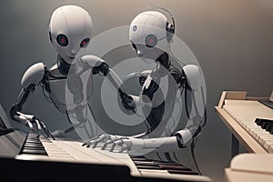 robot trying to play a piano but confusing the keys, leading to an uproarious musical mishap illustration AI Generated