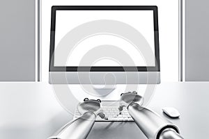 Robot typing on computer, mock up screen