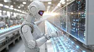 Robot typing on digital interface in tech environment