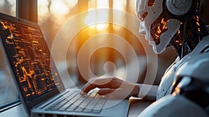 A robot typing on a keyboard in the background of the sunset outside the window. Robot Writing a Letter on a Laptop