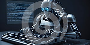 Robot Typing on Keyboard with Code Screen Futuristic Ai Concept