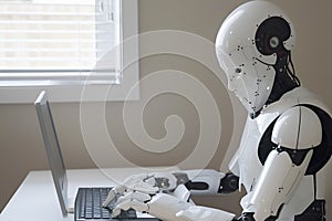 Robot typing on laptop. Artificial intelligence