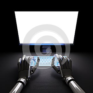 Robot typing on pc in darkness 3d illustration