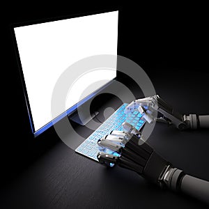 Robot typing on pc in darkness 3d illustration