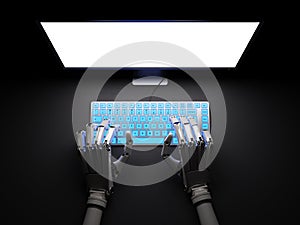 Robot typing on pc in darkness 3d illustration