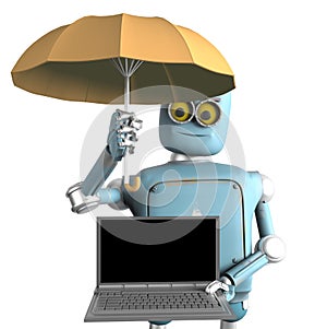 Robot with umbrella protects laptop.3d render