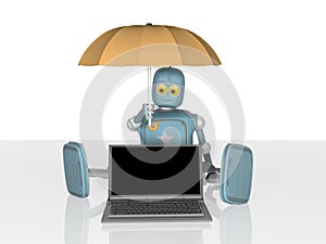 Robot with umbrella protects laptop.3d render