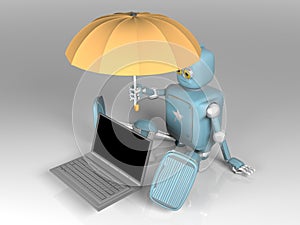 Robot with umbrella protects laptop.3d render