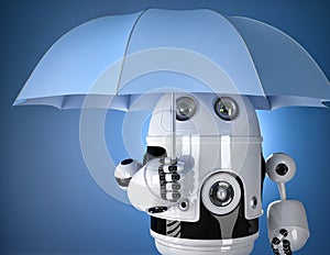 Robot with umbrella. Security concept. Contains clipping path