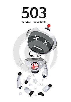 Robot unavailable character vector design. Website page 503 error with ai technology cyborg.