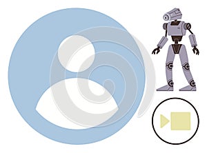 Robot and User Avatar with Video Icon Representing Technology and Digital Interaction
