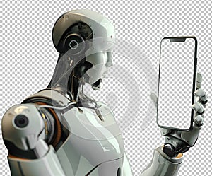 Robot using a digital tablet isolated on transparent background
