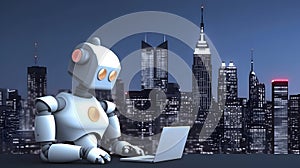 Robot using laptop with background of night city. AI generated