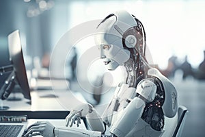 A robot using a laptop, a concept for teaching Artificial Intelligence