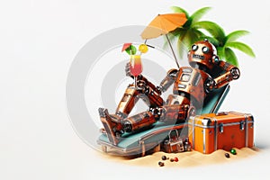 Robot vacation, relaxing on the beach under the palm trees. Space for text. photo