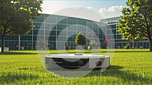 a robot vacuum cleaner vacuums the huge lawn of a corporate campus against the backdrop of a green park and campus photo