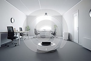 robot vacuum cleaner working in a minimalist office