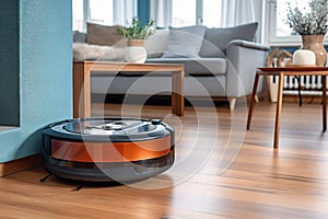robot vacuum cleaning hardwood floor in modern living room