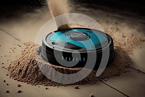 robot vacuum with cleaning head in motion, up dirt and dust