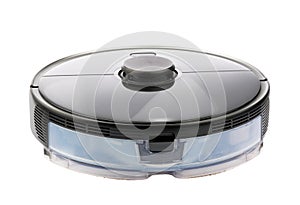 Robot Vacuum Isolated on White. Modern Autonomous Smart Robotic Vacuum Cleaner or Roomba. Self-Drive Cleaning Robot. Floor