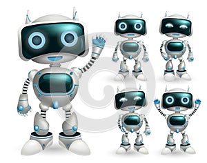 Robot vector character set. Robotic characters in standing pose and gestures in modern design for toy robots game cartoon.