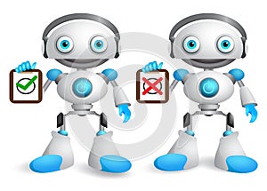 Robot vector characters set. Friendly robotic android holding white board