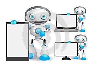 Robot vector characters set holding mobile phone, laptop and other gadget