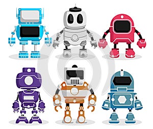 Robot vector characters set. Robotic character with futuristic technology design for electronics fun and game robots cartoon.
