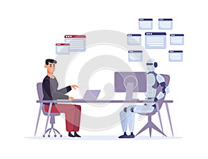 Robot versus human at work. Multitasking artificial intelligence doing tasks at computer. Ai competing with man
