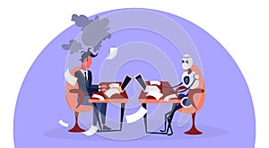 Robot vs human modern robotic machine man working at computer technology and artificial intelligence concept