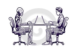 Robot vs man. Human humanoid robot work with laptops at desk. Artificial intelligence, employees replacement sketch