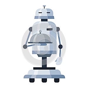 Robot waiter on wheels cartoon icon. Anthropomorphous food server holding tray with lid.