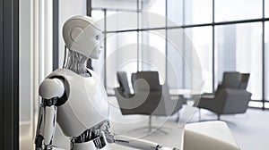 Robot waiting in a modern office for a job interview.