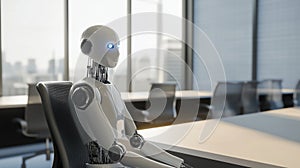 Robot waiting in a modern office for a job interview.