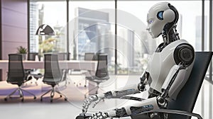 Robot waiting in a modern office for a job interview.