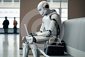 A robot waiting in a modern office for a job interview. Ai artificial intelligence technology at work. Generative ai