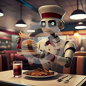 Robot waitress in 50\'s retro diner serving a hamburger and fries
