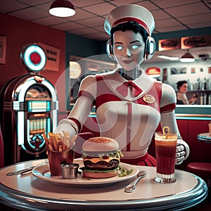 Robot waitress in 50\'s retro diner photo