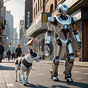 Robot walking dog canine on Asian urban street road