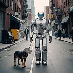 Robot walking dog canine on city urban street road