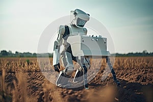 Robot walking on a field of wheat. Future technology concept. Futuristic AI robot farmer working in the farmland, AI Generated