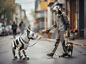 Robot walking with a robotic dog on the street in the city. Cyborg friends outdoor