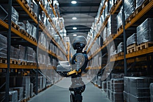 robot on warehouse, holding boxes in his hands, blurred background. Artificial intelect in future life