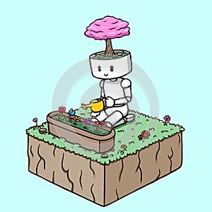 Robot watering the garden flowers