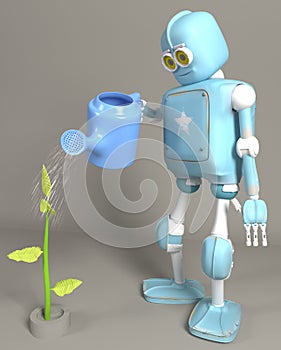 The robot is watering the sprout 3d, render