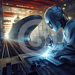Robot welder welds a part at a ship factory