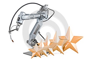 Robot welding with five golden stars. Customer rating, 3D rendering