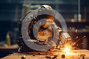 Robot welding with a lot of sparks and smoke, futuristic image from the future