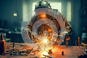 Robot welding with a lot of sparks and smoke, futuristic image from the future